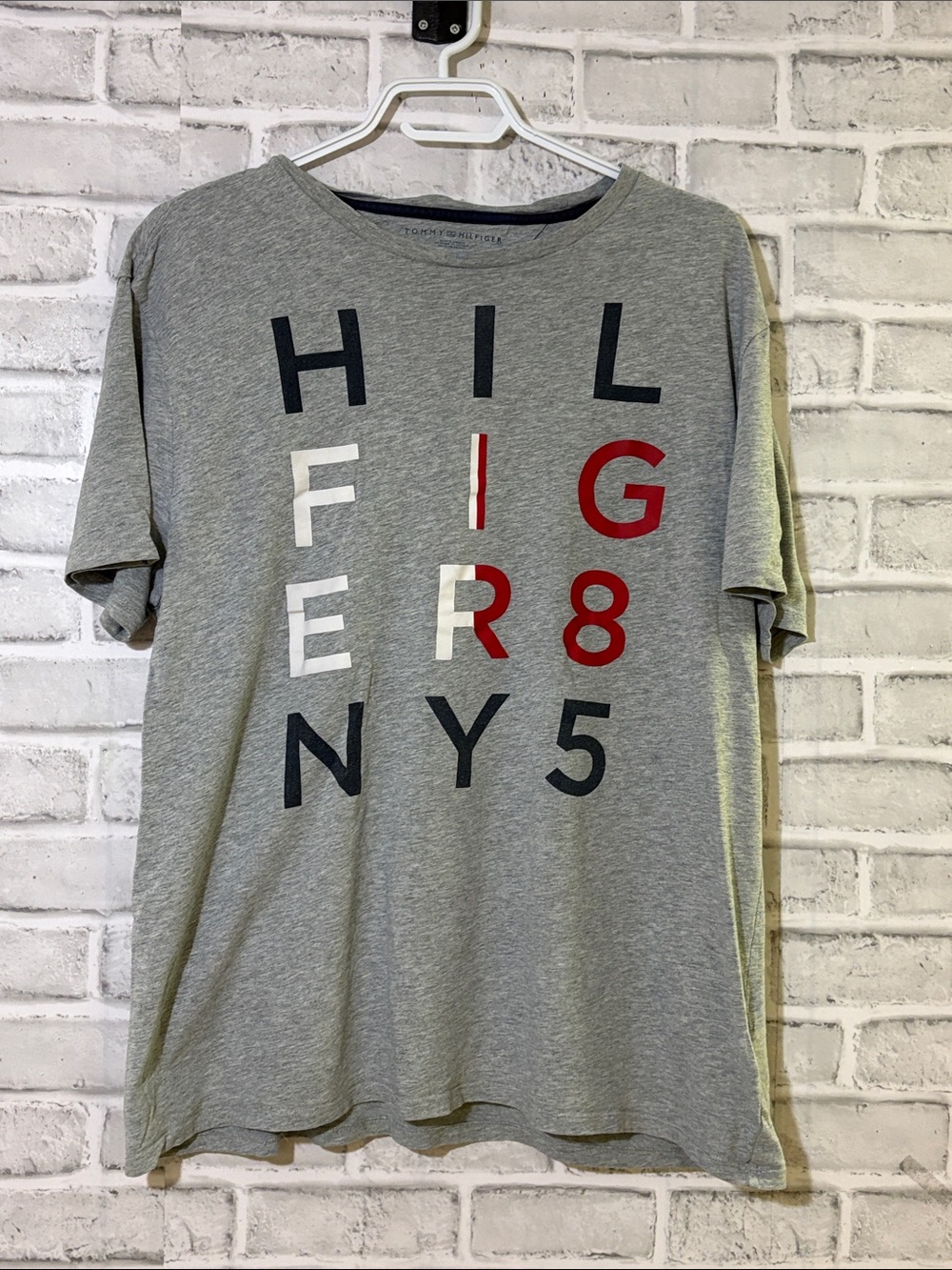 Tommy Hilfiger Heather Gray Logo Block Tee with Red & Navy Accents large